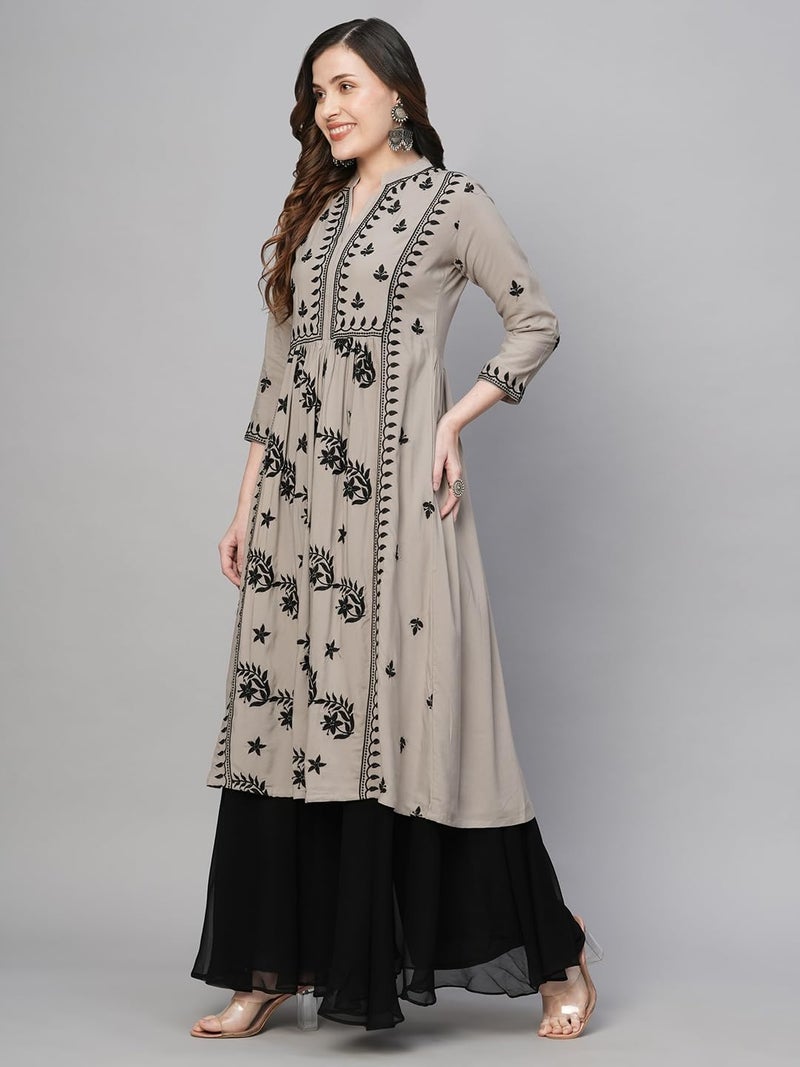 RATAN Women's Rayon Anarkali Lucknowi Chikankari Ethnic Wear Kurta (RYD-COFF-M_Brown) - Image 3
