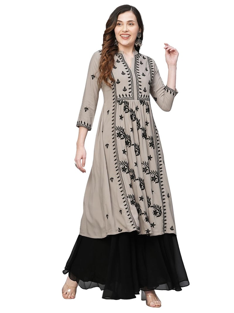 RATAN Women's Rayon Anarkali Lucknowi Chikankari Ethnic Wear Kurta (RYD-COFF-M_Brown) - Image 1