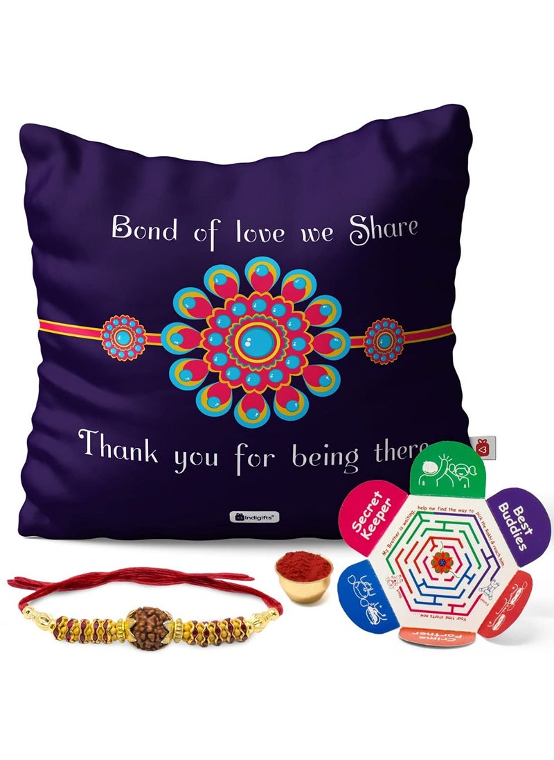 Indigifts Indigifts Poly Satin Siblings Bond Quote Printed Cushion Cover with Filler 12"X12", Crystal Rakhi, Roli, Greeting Card- Violet  - Image 1