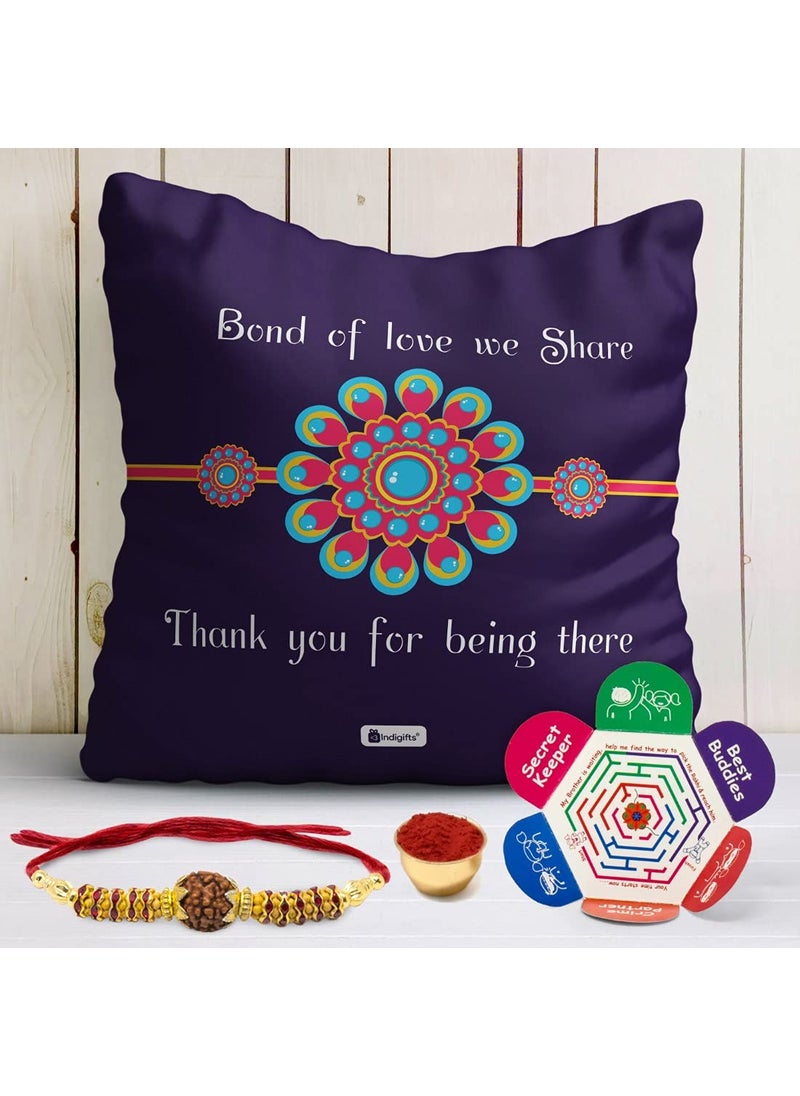 Indigifts Indigifts Poly Satin Siblings Bond Quote Printed Cushion Cover with Filler 12"X12", Crystal Rakhi, Roli, Greeting Card- Violet  - Image 2