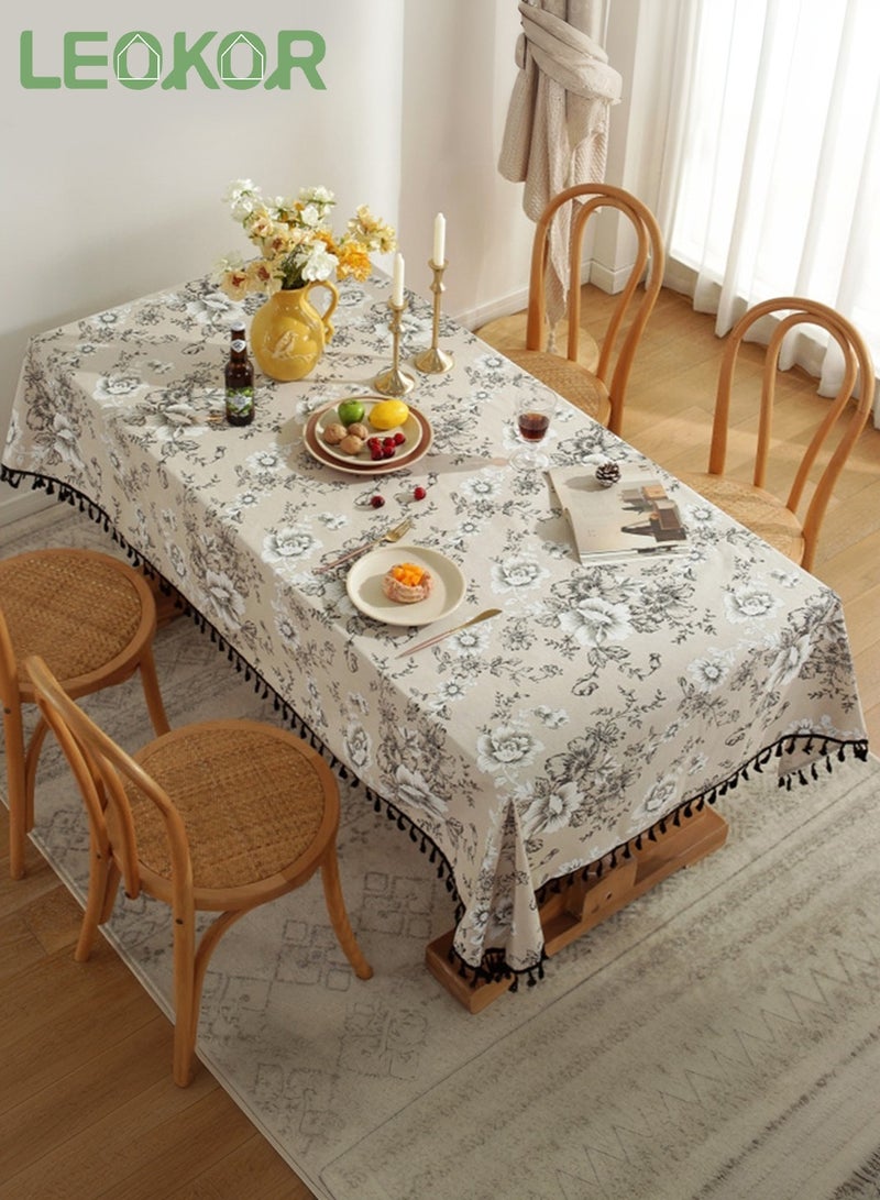 LEOKOR Rectangle Floral Tablecloth with Tassels Cotton Linen Table Cloth for Restaurant, Indoor and Table Cover Home Decoration - Image 1