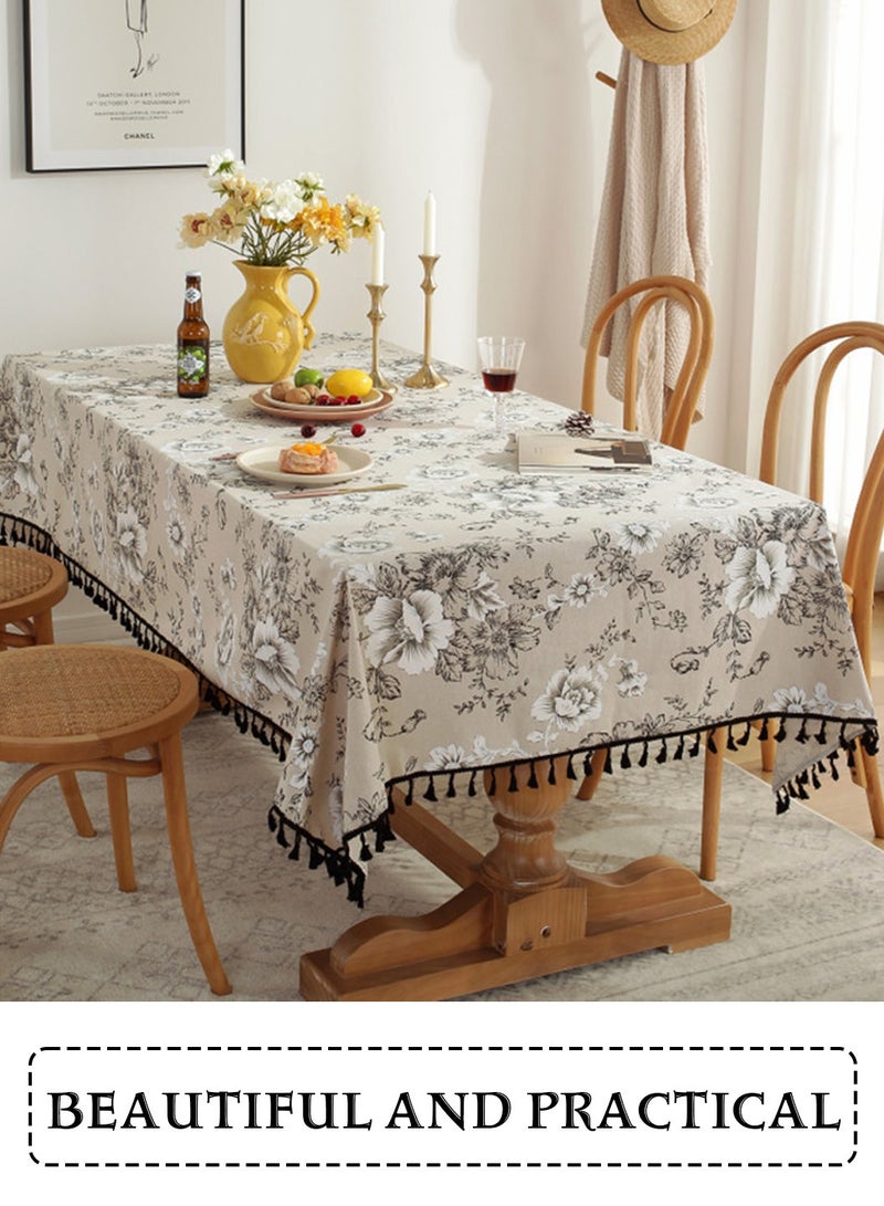 LEOKOR Rectangle Floral Tablecloth with Tassels Cotton Linen Table Cloth for Restaurant, Indoor and Table Cover Home Decoration - Image 2