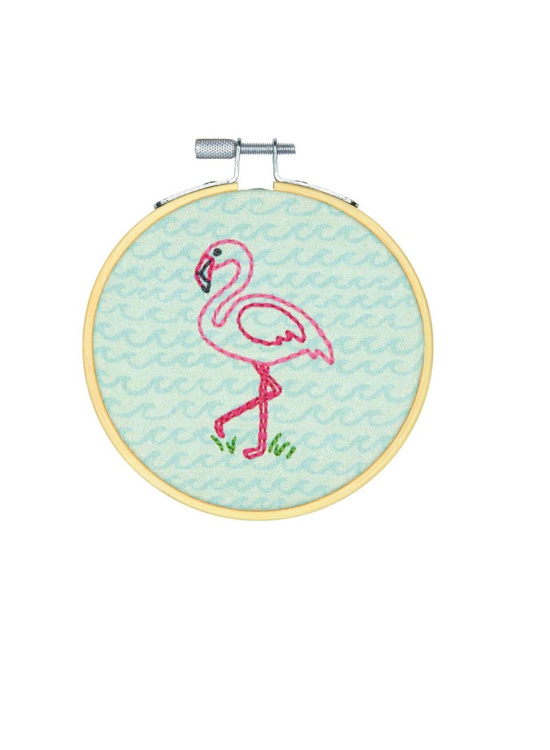 Embroiderymaterial Embroidery Kit 4 inch Round Flamingo Fun Stitched In Thread - Image 1