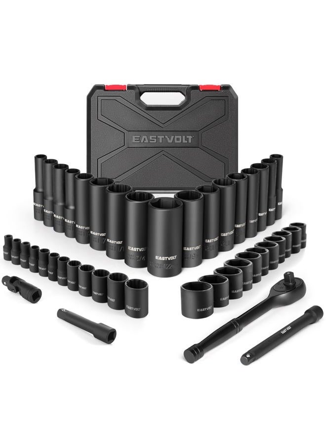 Eastvolt Mechanic Tool Kits, Drive Socket Set, 46 Pieces, with 72 Teeth Reversible Ratchet, Metric/SAE (ASK06), One Size - Image 1