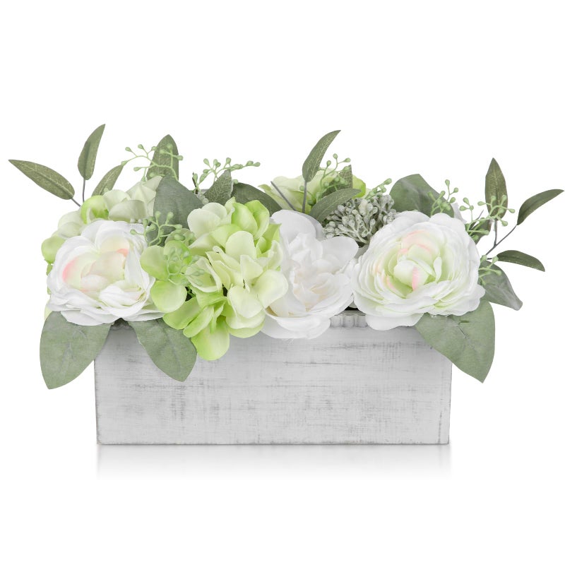 DILATATA Flower Arrangement with Wooden Vase 10 Artificial Flowers in Pot Fake Flowers in White Rectangular Wooden Vase Potted Faux Flower Centerpieces for Table Decor Living Room White - Image 2