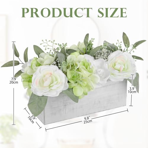 DILATATA Flower Arrangement with Wooden Vase 10 Artificial Flowers in Pot Fake Flowers in White Rectangular Wooden Vase Potted Faux Flower Centerpieces for Table Decor Living Room White - Image 3