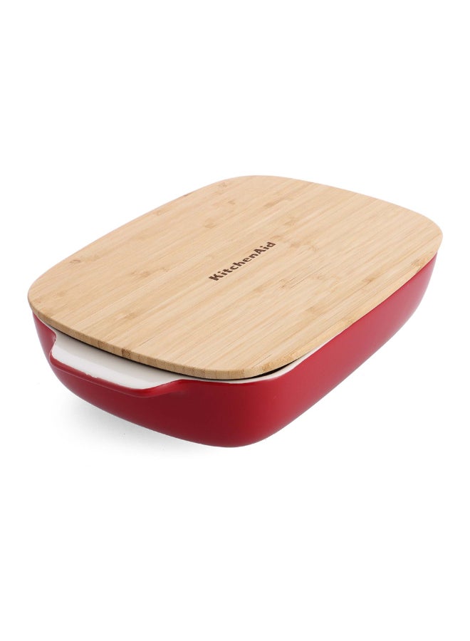 KitchenAid Stoneware Small Baking Dish with Bamboo Lid Empire Red and Brown 900ml CC006104-001 - Image 1