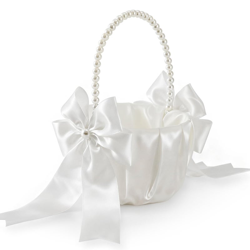 Happyiren Wedding Flower Girl Basket - Elegant Pearl Handle with Bow Decoration, Ivory Color - 5.1" Diameter, Perfect for Flower Girls, Weddings, and Parties - Image 1