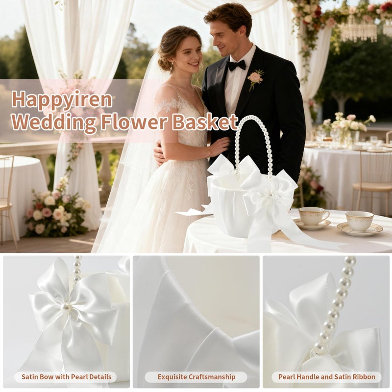 Happyiren Wedding Flower Girl Basket - Elegant Pearl Handle with Bow Decoration, Ivory Color - 5.1" Diameter, Perfect for Flower Girls, Weddings, and Parties - Image 5