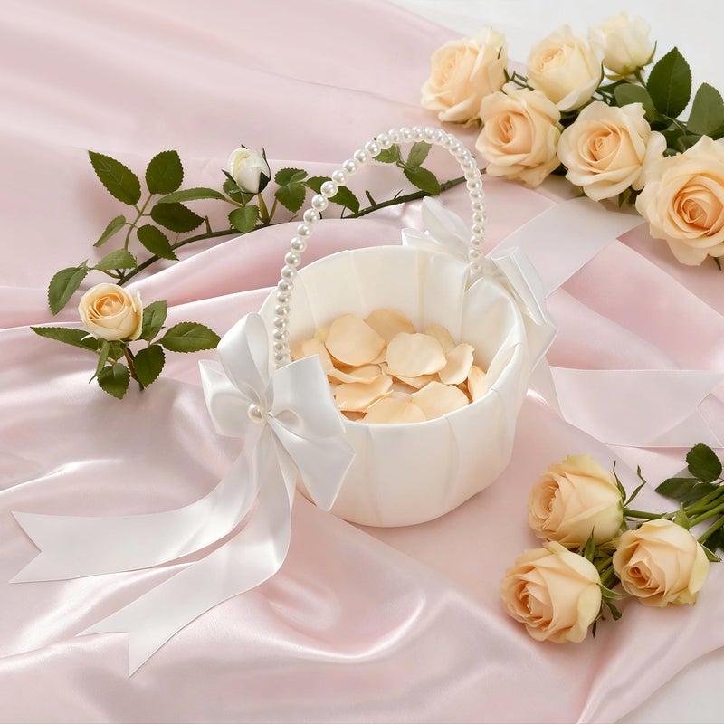 Happyiren Wedding Flower Girl Basket - Elegant Pearl Handle with Bow Decoration, Ivory Color - 5.1" Diameter, Perfect for Flower Girls, Weddings, and Parties - Image 3