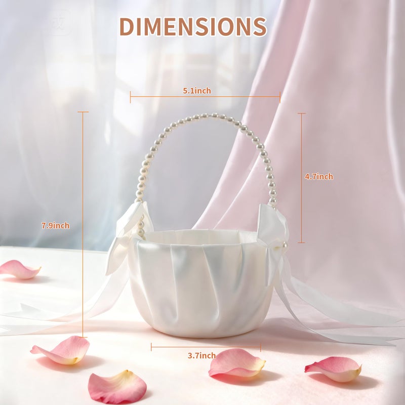 Happyiren Wedding Flower Girl Basket - Elegant Pearl Handle with Bow Decoration, Ivory Color - 5.1" Diameter, Perfect for Flower Girls, Weddings, and Parties - Image 2