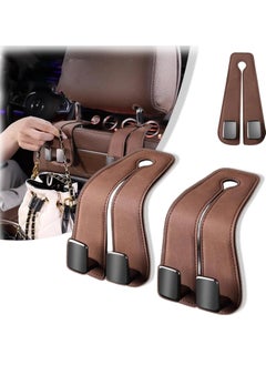 Leather Car Seat Headrest Hooks, 2 in 1 Multi-Functional Double Hooks for Car Seat Back, Ideal for Purse, Coats, Umbrellas, Grocery Bags, Brown 2PCS