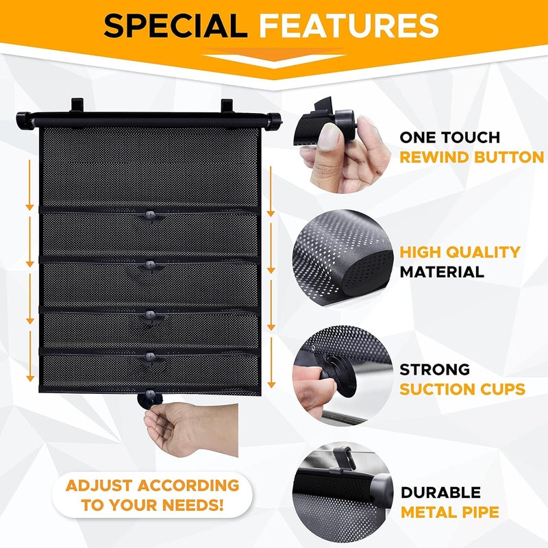 إيكونور ستائر نوافذ السيارة من (4 عبوات) | ستارة شمس قابلة للسحب للأطفال | ستائر نوافذ للأطفال للسيارة توفر حماية لا تشوبها شائبة من الشمس | ستائر نوافذ سوداء للخصوصية | 15 × 17 بوصة - Image 3