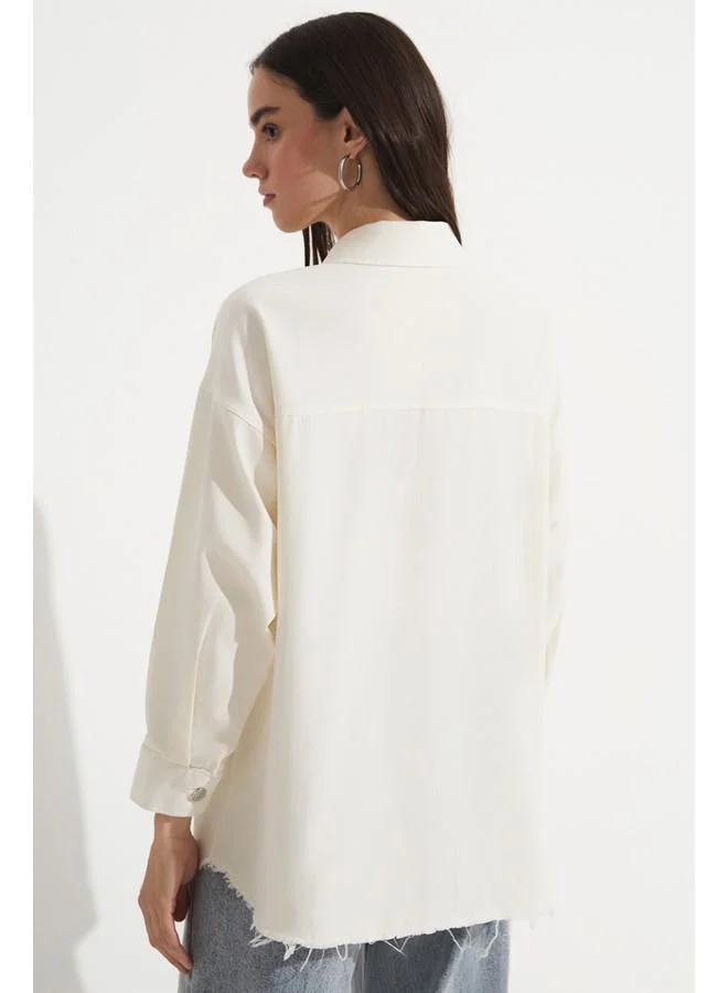 جون June Stone Detailed 100% Cotton Shirt Beige