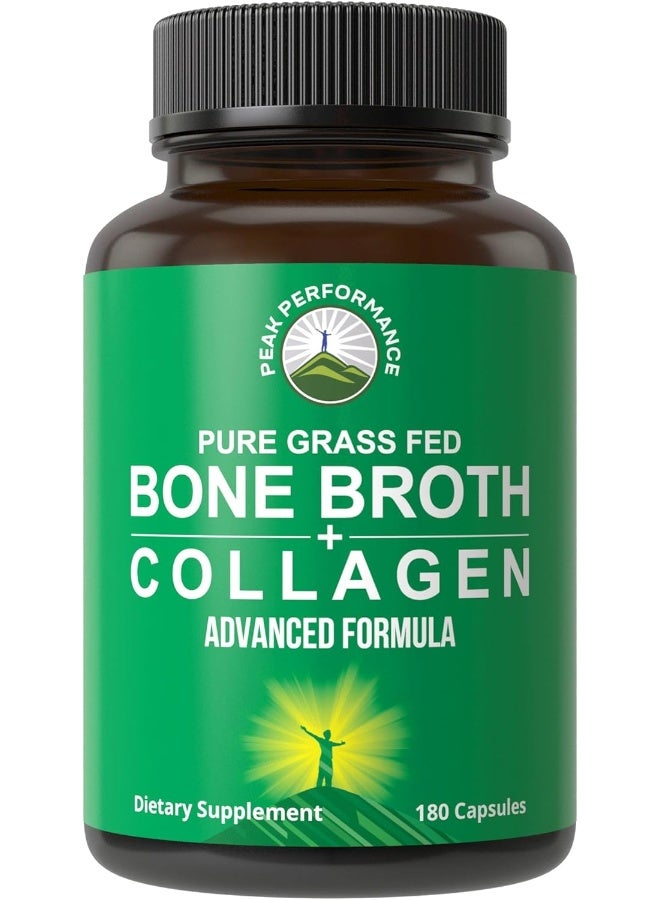 Peak Performance Bone Broth Collagen Capsules. 180 Pills Of Grass Fed Bone Broth Collagen Protein Peptides. Contains All 3 Collagen Types 1, 2, And 3. Pure Pasture Raised Paleo Friendly Tablets For Women And Men - Image 1