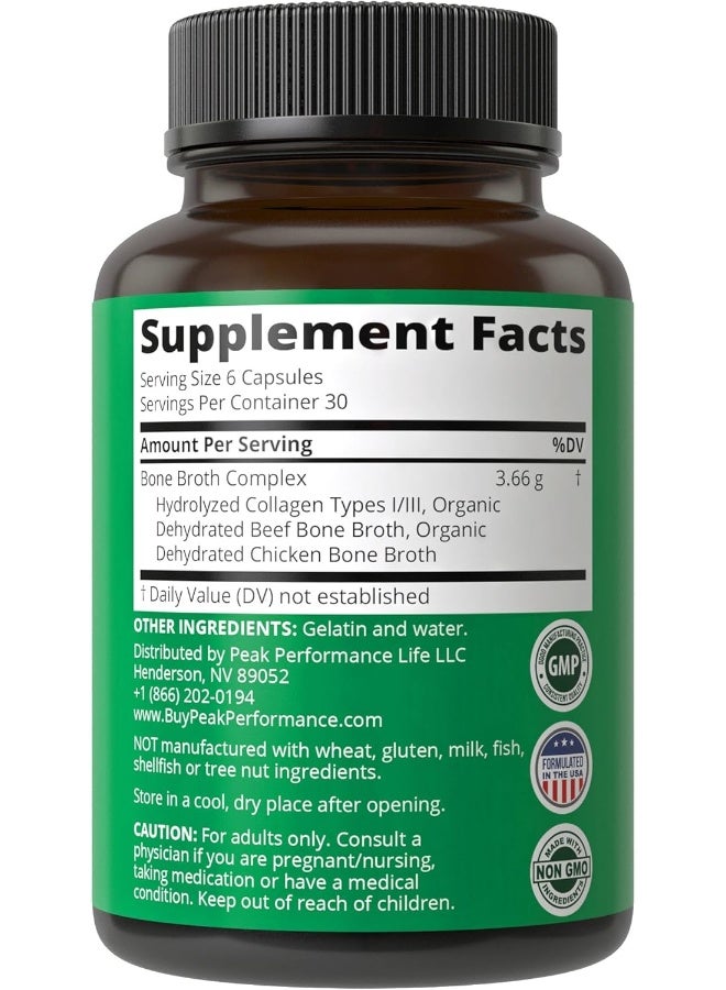 Peak Performance Bone Broth Collagen Capsules. 180 Pills Of Grass Fed Bone Broth Collagen Protein Peptides. Contains All 3 Collagen Types 1, 2, And 3. Pure Pasture Raised Paleo Friendly Tablets For Women And Men - Image 5
