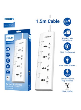 4-Way Universal Power Extension Cord with Individual Switches, (1.5m) Heavy-Duty 3x1mm² Cable, 2500W Overload & 750°C Fire-Resistant Protection, 10A Fuse, ESMA Certified Safety Standard, UK Plug – Ideal for Home & Office – White 1.5M- White - view 2