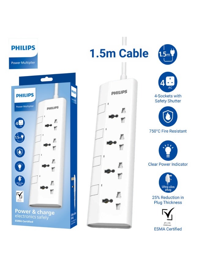 Philips 4-Way Universal Power Extension Cord with Individual Switches, (1.5m) Heavy-Duty 3x1mm² Cable, 2500W Overload & 750°C Fire-Resistant Protection, 10A Fuse, ESMA Certified Safety Standard, UK Plug – Ideal for Home & Office – White 1.5M- White - Image 2