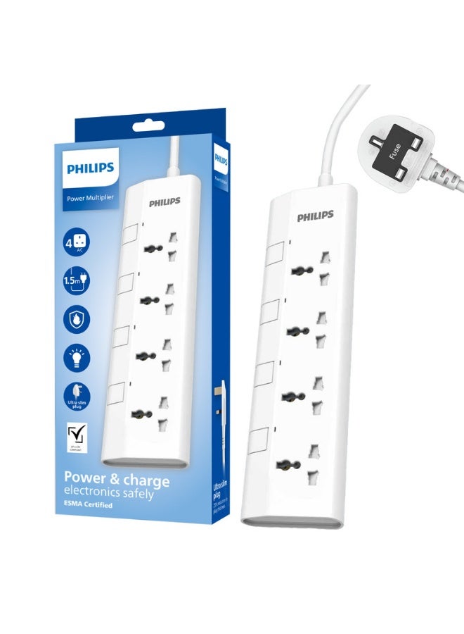 4-Way Universal Power Extension Cord with Individual Switches, (1.5m) Heavy-Duty 3x1mm² Cable, 2500W Overload & 750°C Fire-Resistant Protection, 10A Fuse, ESMA Certified Safety Standard, UK Plug – Ideal for Home & Office – White 1.5M- White