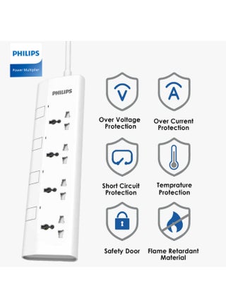 4-Way Universal Power Extension Cord with Individual Switches, (1.5m) Heavy-Duty 3x1mm² Cable, 2500W Overload & 750°C Fire-Resistant Protection, 10A Fuse, ESMA Certified Safety Standard, UK Plug – Ideal for Home & Office – White 1.5M- White - view 3