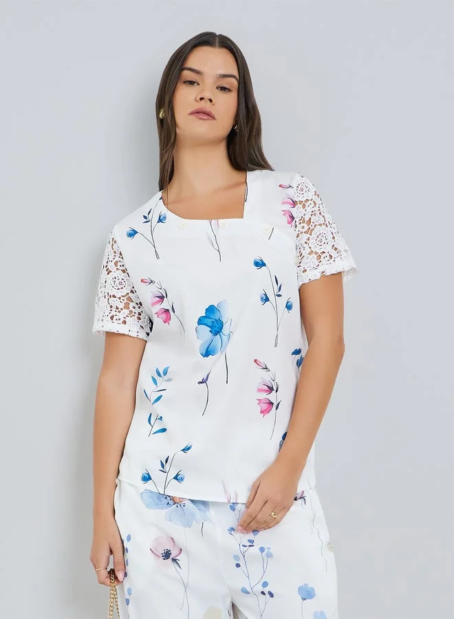 Take Two Women White Floral Lace Sleeve Top