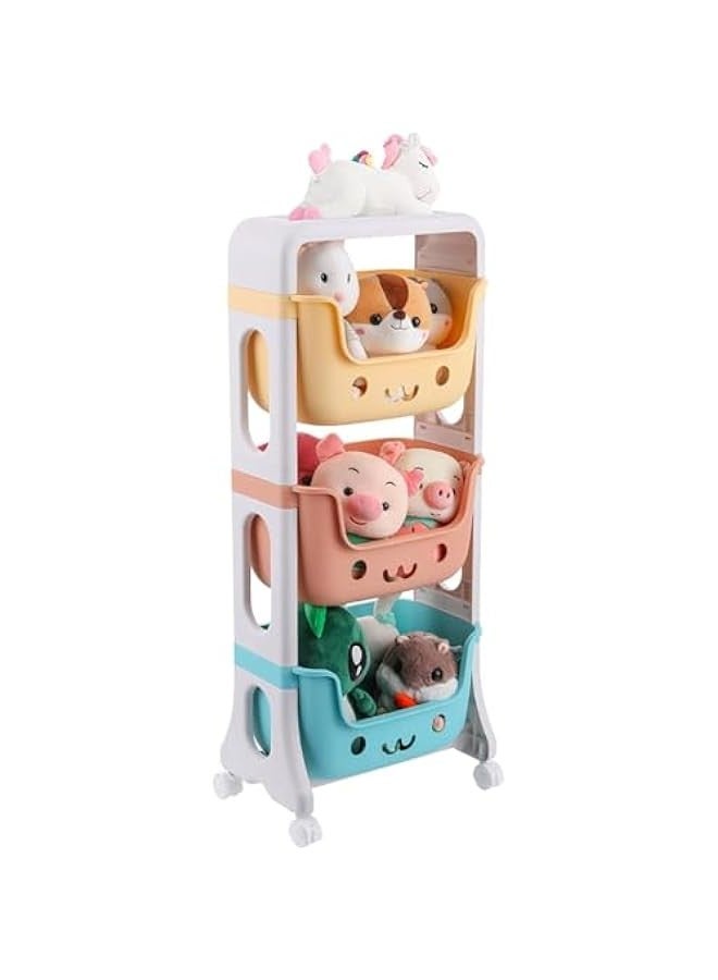 TRASSLE Kids Toy Storage Organizer 3-Tier Stackable Rolling Cart,Children Playroom Decor Doll Activity Rack Shelf Plastic Bins Box Mobile Move Everywhere with Caster Wheels - Image 1