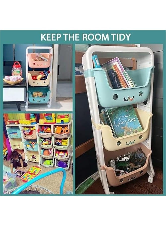 TRASSLE Kids Toy Storage Organizer 3-Tier Stackable Rolling Cart,Children Playroom Decor Doll Activity Rack Shelf Plastic Bins Box Mobile Move Everywhere with Caster Wheels - Image 3