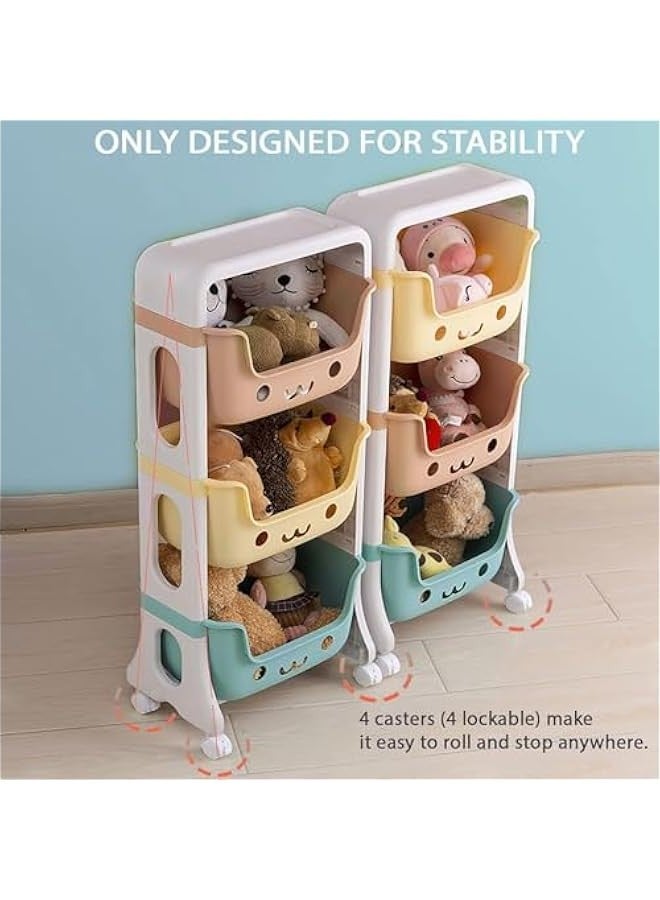 TRASSLE Kids Toy Storage Organizer 3-Tier Stackable Rolling Cart,Children Playroom Decor Doll Activity Rack Shelf Plastic Bins Box Mobile Move Everywhere with Caster Wheels - Image 4