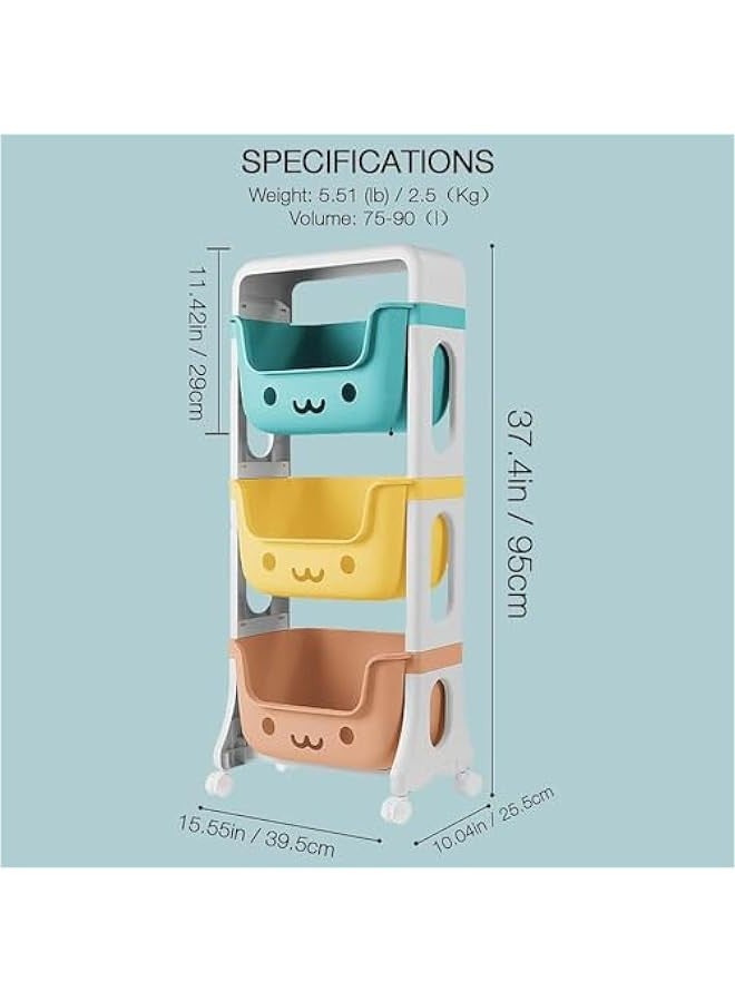 TRASSLE Kids Toy Storage Organizer 3-Tier Stackable Rolling Cart,Children Playroom Decor Doll Activity Rack Shelf Plastic Bins Box Mobile Move Everywhere with Caster Wheels - Image 2