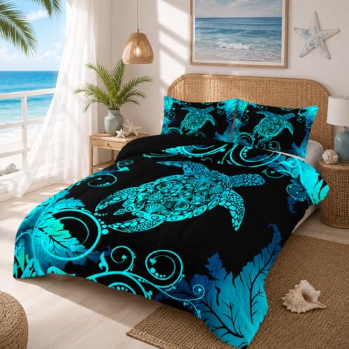 Nttopship Blue and Black Sea Turtles Comforter Sets Queen Size Bedding Sets for KidsOceans and Starfish Comforter Sets All Season 1 Comforter and 2 Pillowcases - Image 1