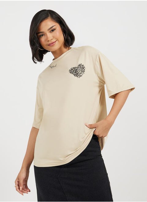 Oversized Graphic Print Round Neck Longline T-shirt