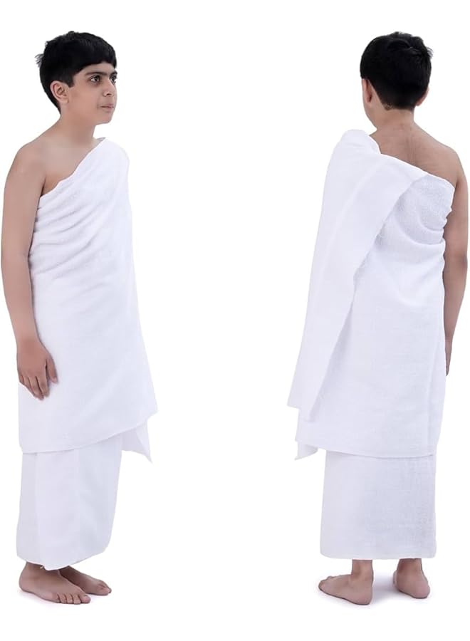 Fabienne Ihram Towel 2 Pc Mid Size Ihram for Teen Boys & Short Men Ihram for Hajj & Umrah 165x110cm Soft Absorbent Lightweight & Comfortable Pilgrimage Youth Towel Ihram for Boys Large - Image 1