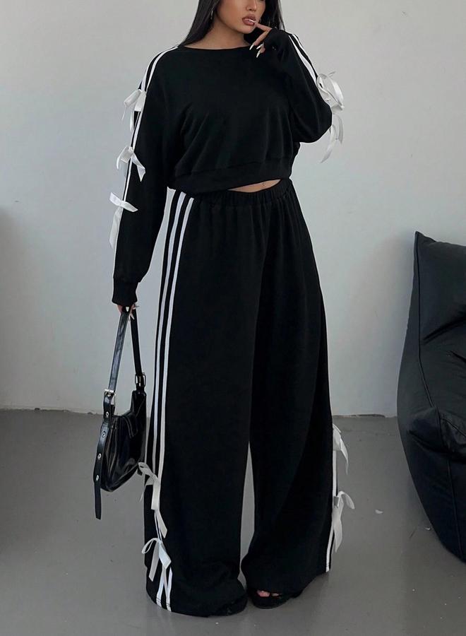 Take Two Side Striped Bow Detail Sweatshirt and Wide Pants Co-Ords - Image 5