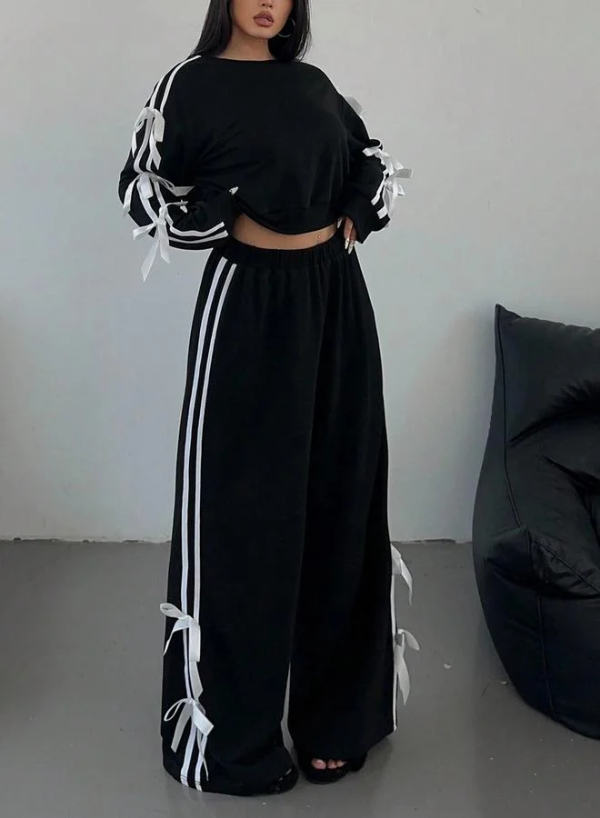 Take Two Side Striped Bow Detail Sweatshirt and Wide Pants Co-Ords