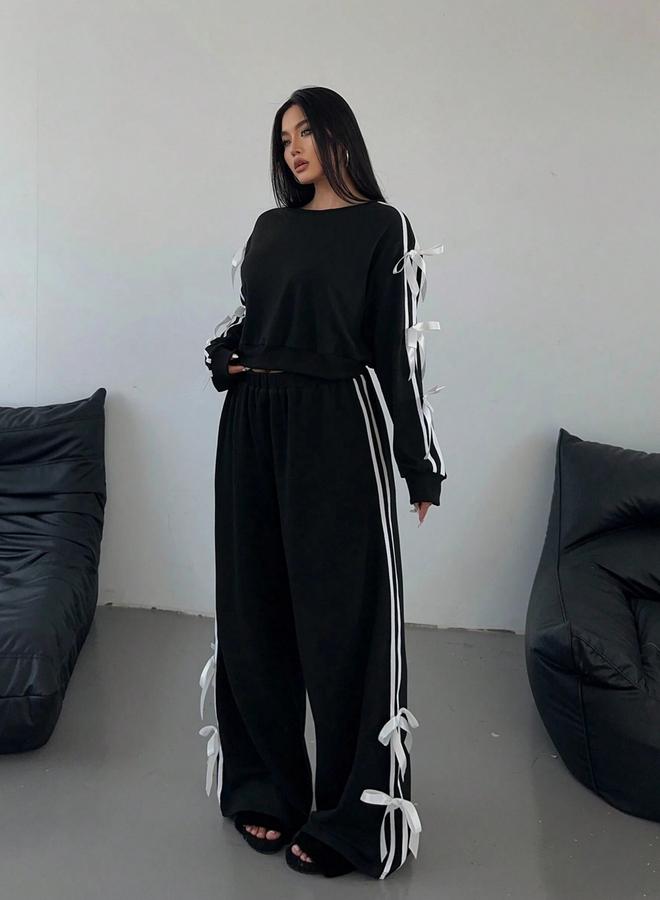 Take Two Side Striped Bow Detail Sweatshirt and Wide Pants Co-Ords - Image 4