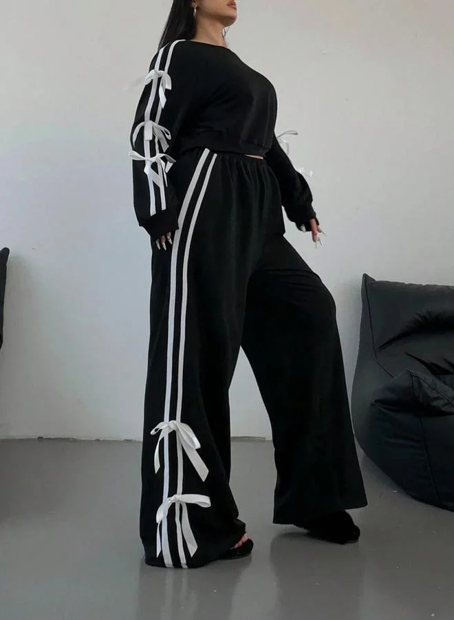 Take Two Side Striped Bow Detail Sweatshirt and Wide Pants Co-Ords