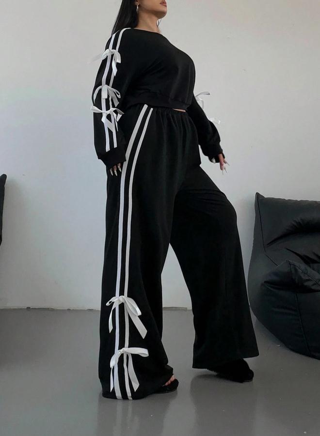 Take Two Side Striped Bow Detail Sweatshirt and Wide Pants Co-Ords - Image 2