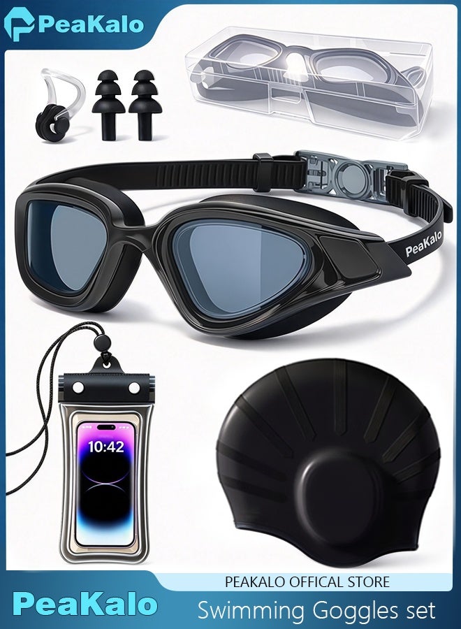 PeaKalo Upgraded 5-in-1 Anti-Fog Swimming Goggles Set with Wide Vision, Large Cap, Nose Clip, Earplugs & Case | Leakproof Silicone Waterproof UV Protection Unisex Swim Goggles for Men, Women & Teens - Image 1