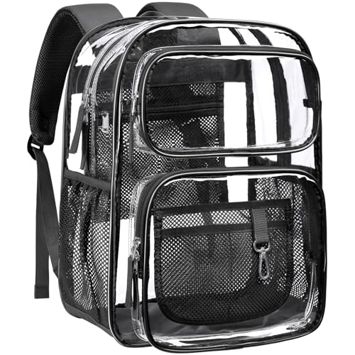 PACKISM Clear Backpack for School - 17 inch Large Heavy Duty Clear Bookbag for Boys and Girls, See Through PVC Transparent Backpacks with 2 Front Pockets for College Work, Black (for age 12 above) - Image 1