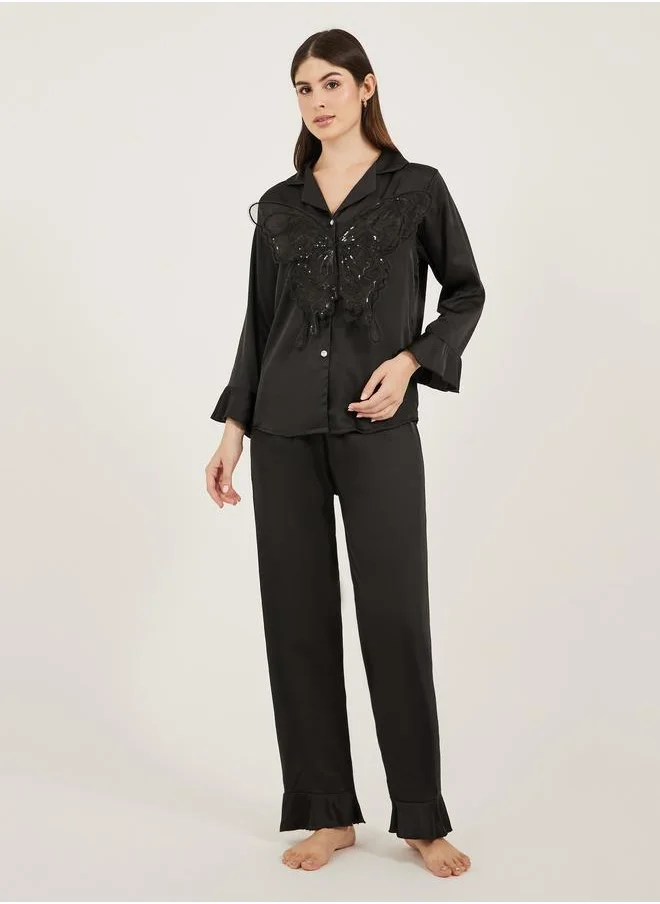 ستايلي Styli Satin Pajama Set with Butterfly Detail