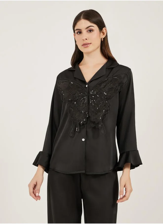 Styli Styli Satin Pajama Set with Butterfly Detail