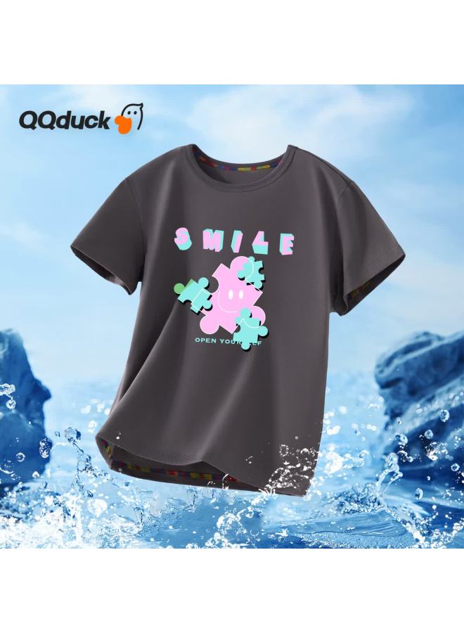 Qq Duck Children's Clothing, Boys' Short Sleeve T-shirt, Girls' Top, Summer Student Wear, Patchwork Dark Gray; Size 150 - Image 1