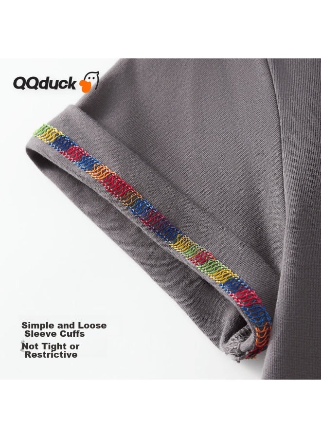 Qq Duck Children's Clothing, Boys' Short Sleeve T-shirt, Girls' Top, Summer Student Wear, Patchwork Dark Gray; Size 150 - Image 4