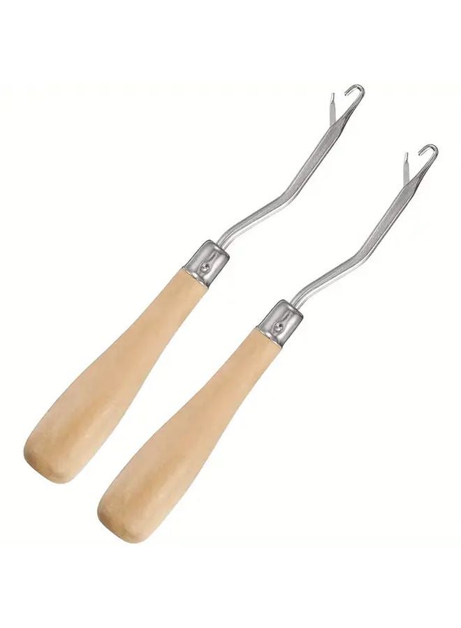 2 Pcs Light Brown Wooden Handle Latch Hooks 6.3 Inch Metal Crochet Needles for Wig Weaving Carpet Crafting - Image 2