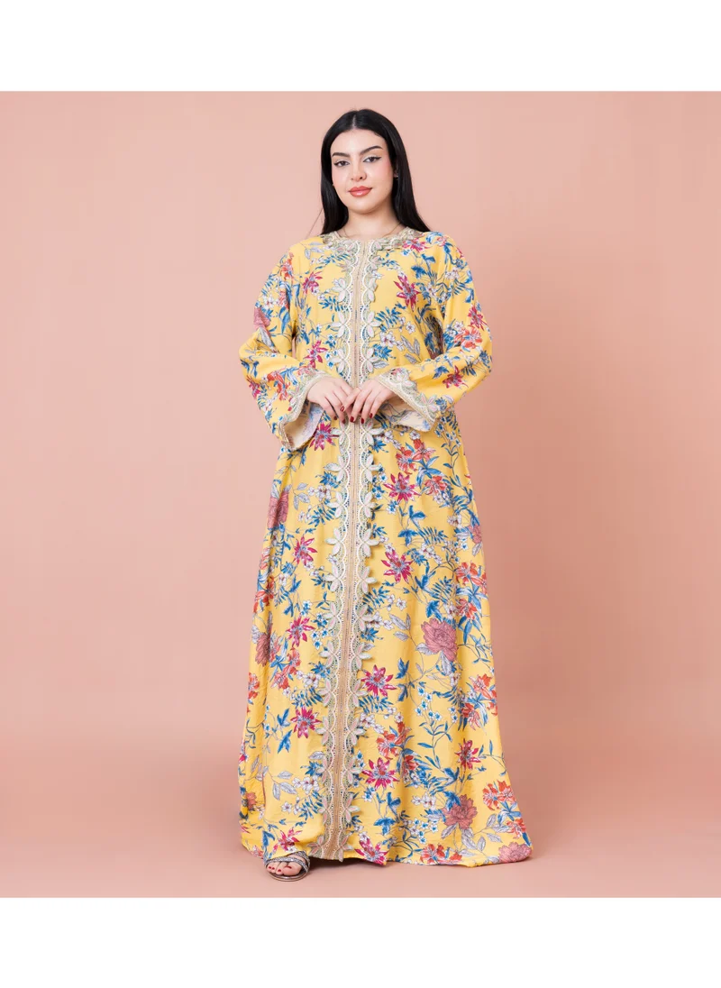 IKKXA Modern Embroidered Printed Jalabiya IK1032 Yellow