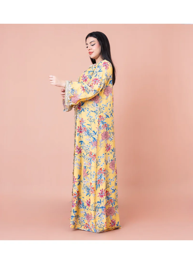 IKKXA Modern Embroidered Printed Jalabiya IK1032 Yellow
