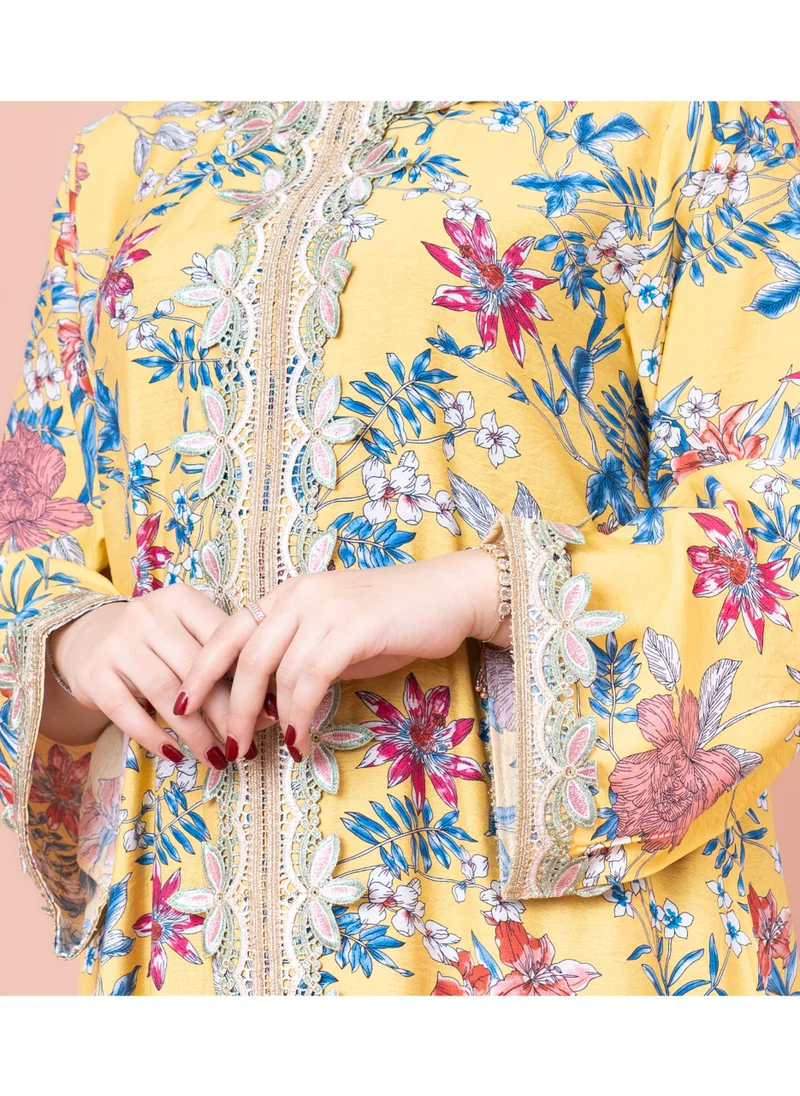 IKKXA Modern Embroidered Printed Jalabiya IK1032 Yellow