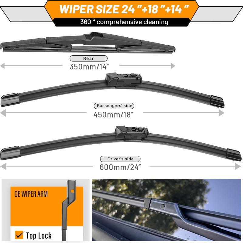 AUTOBOO 24"+18" Windshield Wipers with 14" Rear Wiper Blade Replacement for Mazda CX-5 CX-9 CX5 CX9 2017 2018 2019 2020 2021 2022 2023 2024 2025-Original Factory Quality (Pack of 3) - Image 3