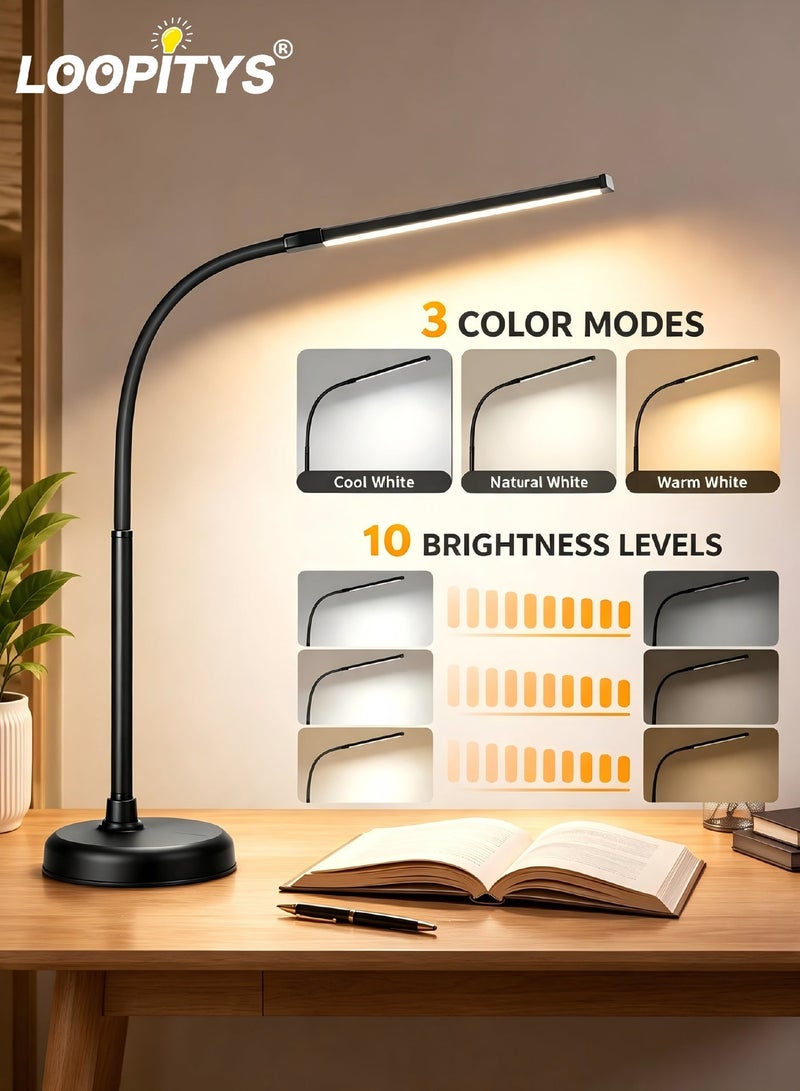 LOOPITYS LED Desk Lamp, Swing Arm Architect Task Lamp with Long Flexible Gooseneck, 3 Color Modes, and USB Adapter, Dimmable Desk Light for Home/Office/Drafting/Reading/Piano - Image 1