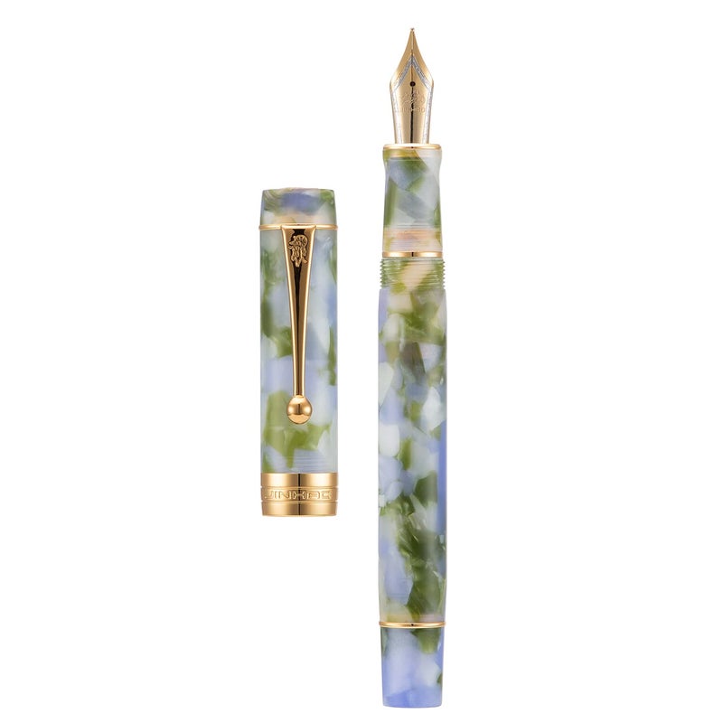 Lanxivi Jinhao Classic Fountain Pen Blue Green Celluloid, Medium Nib with Conveter and Pen Case Set - Image 1